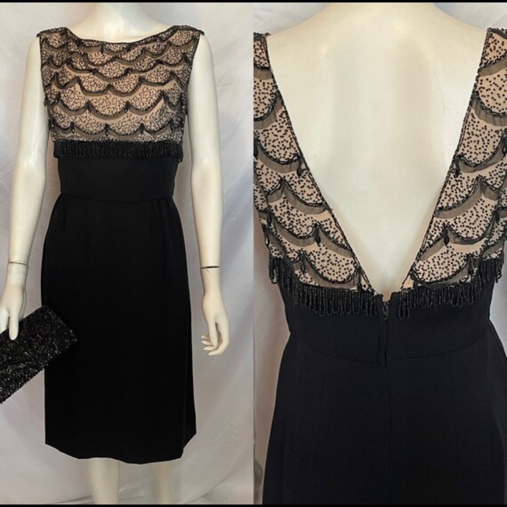 Glam Vintage Black and Nude Beaded Cocktail Dress